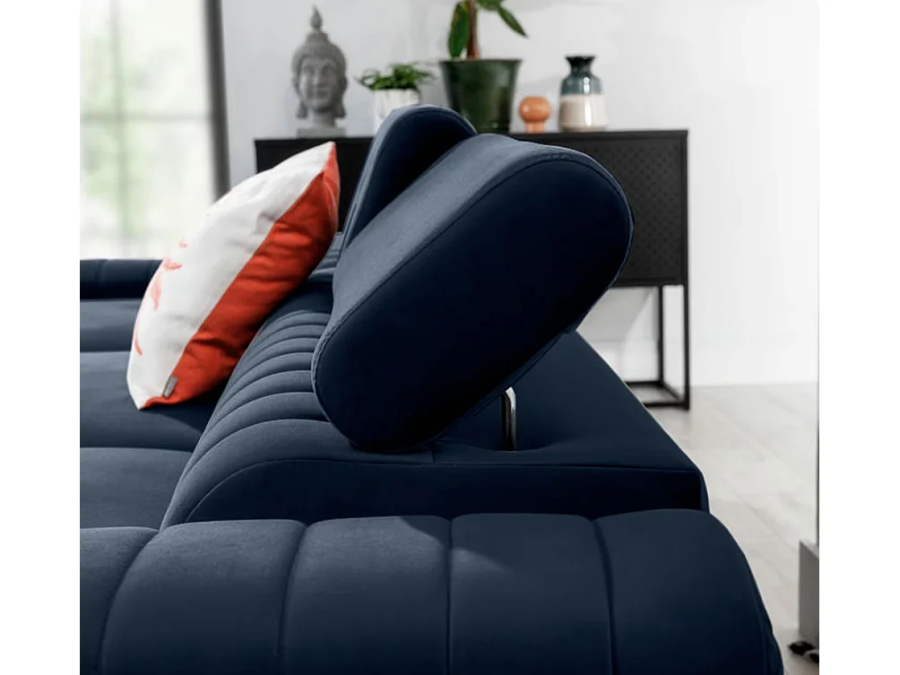 Canapé d'angle convertible velours appuis-tête réglables GRENKY - Coffre et pieds acier chromé-Bleu marine-angle gauche