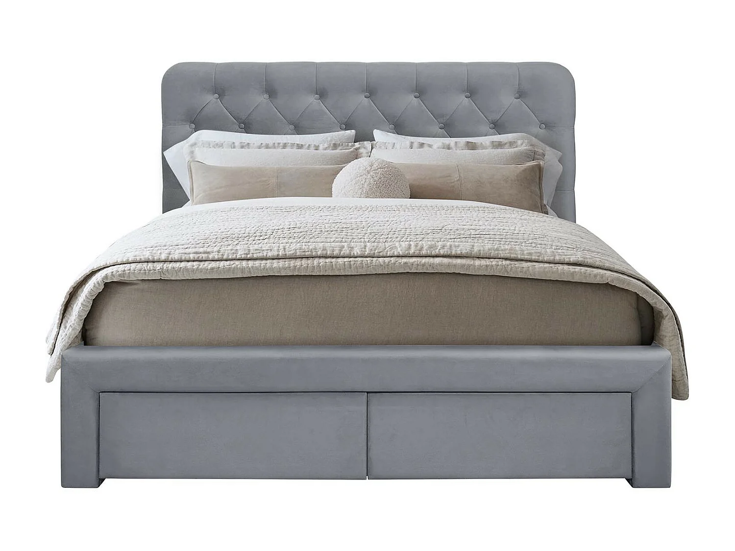 Lit en velours gris 160 x 200 avec tête de lit capitonnée et tiroirs Freesia