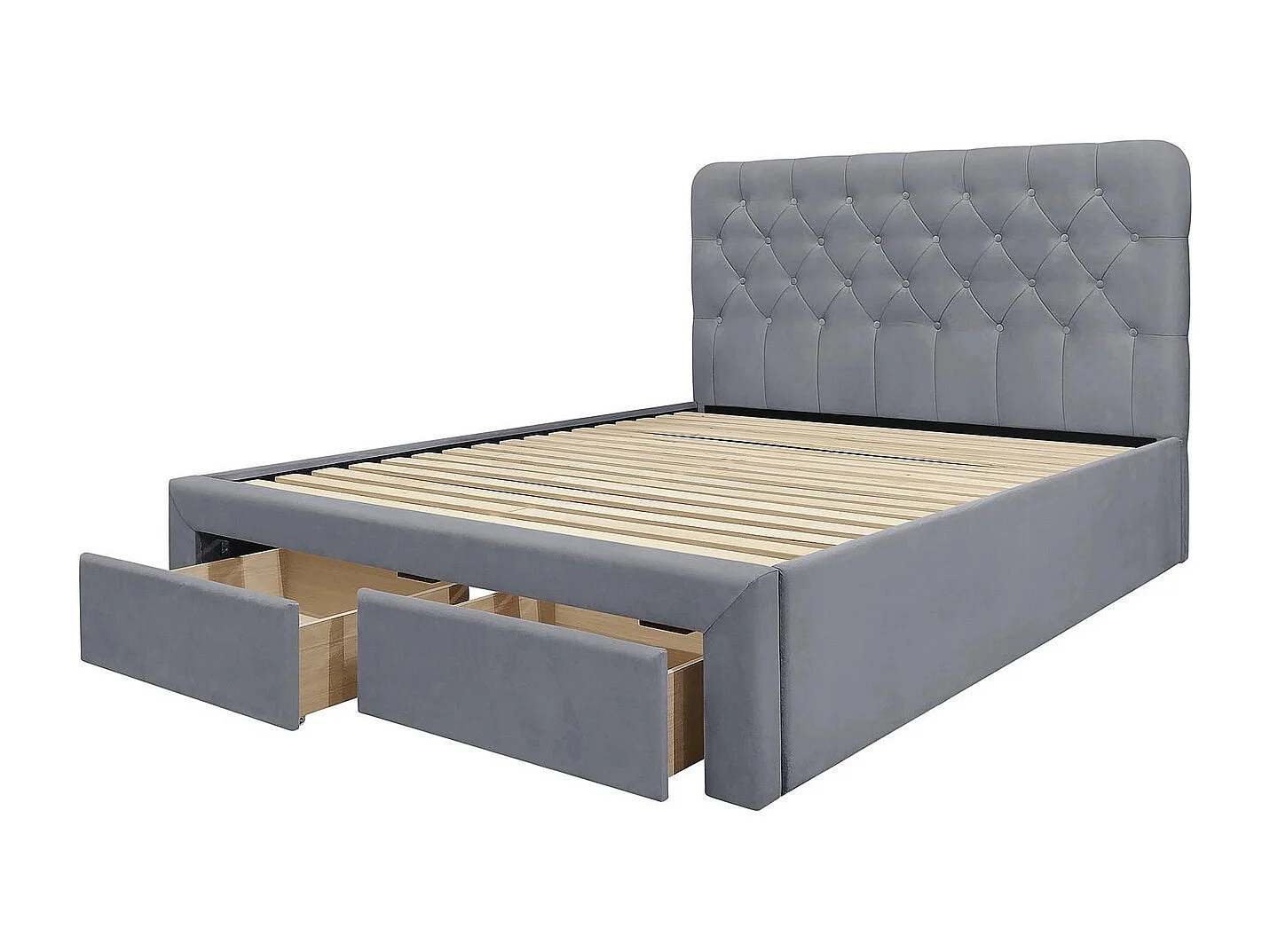 Lit en velours gris 160 x 200 avec tête de lit capitonnée et tiroirs Freesia