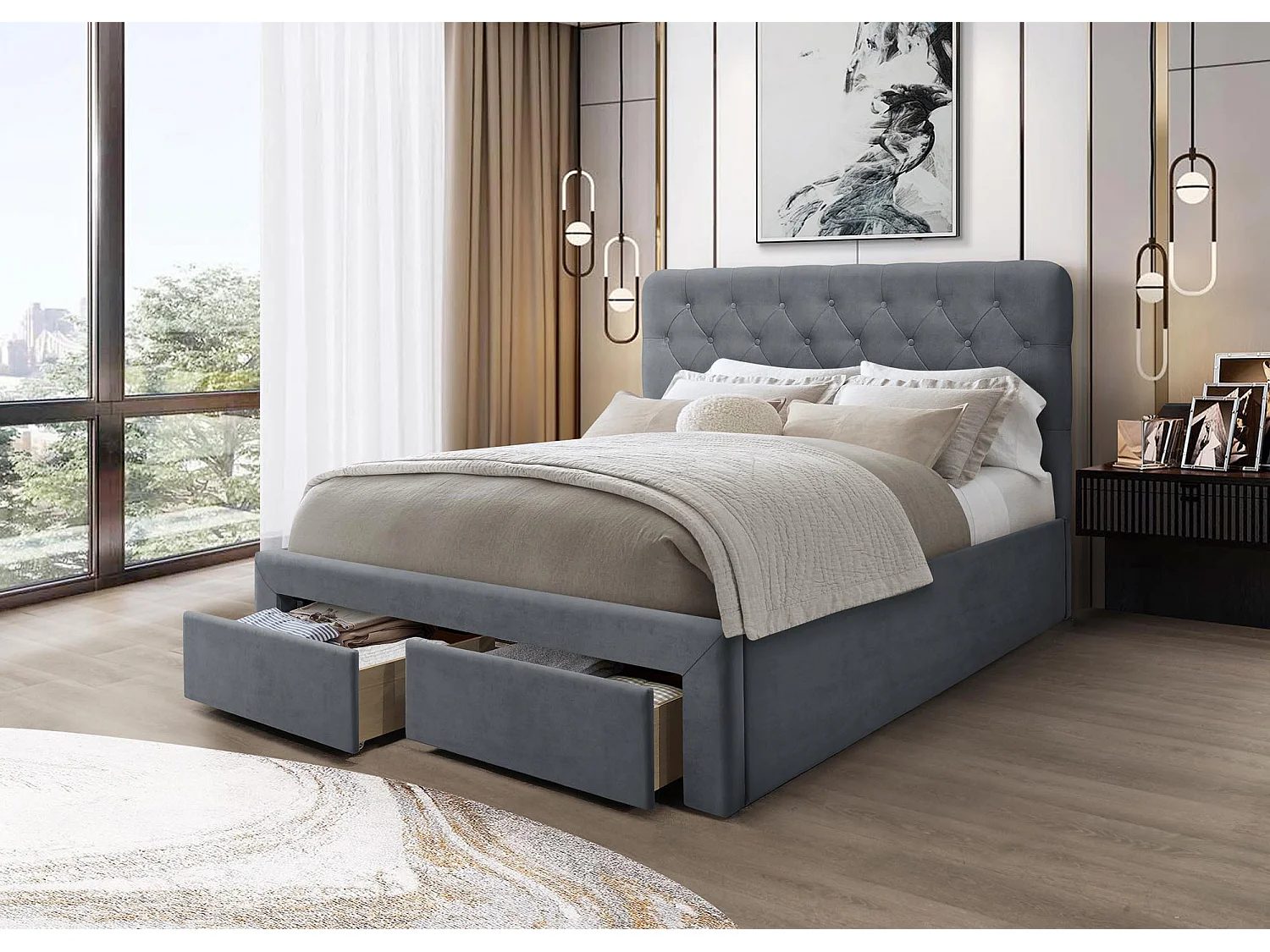 Lit en velours gris 160 x 200 avec tête de lit capitonnée et tiroirs Freesia