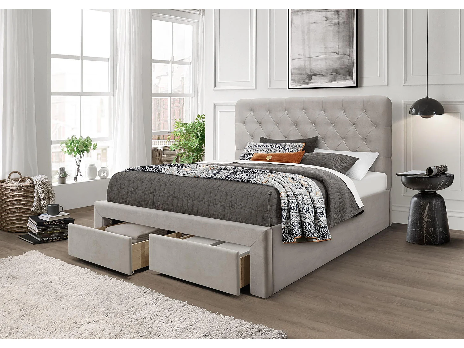 Lit en velours beige 160 x 200 avec tête de lit capitonnée et tiroirs Freesia