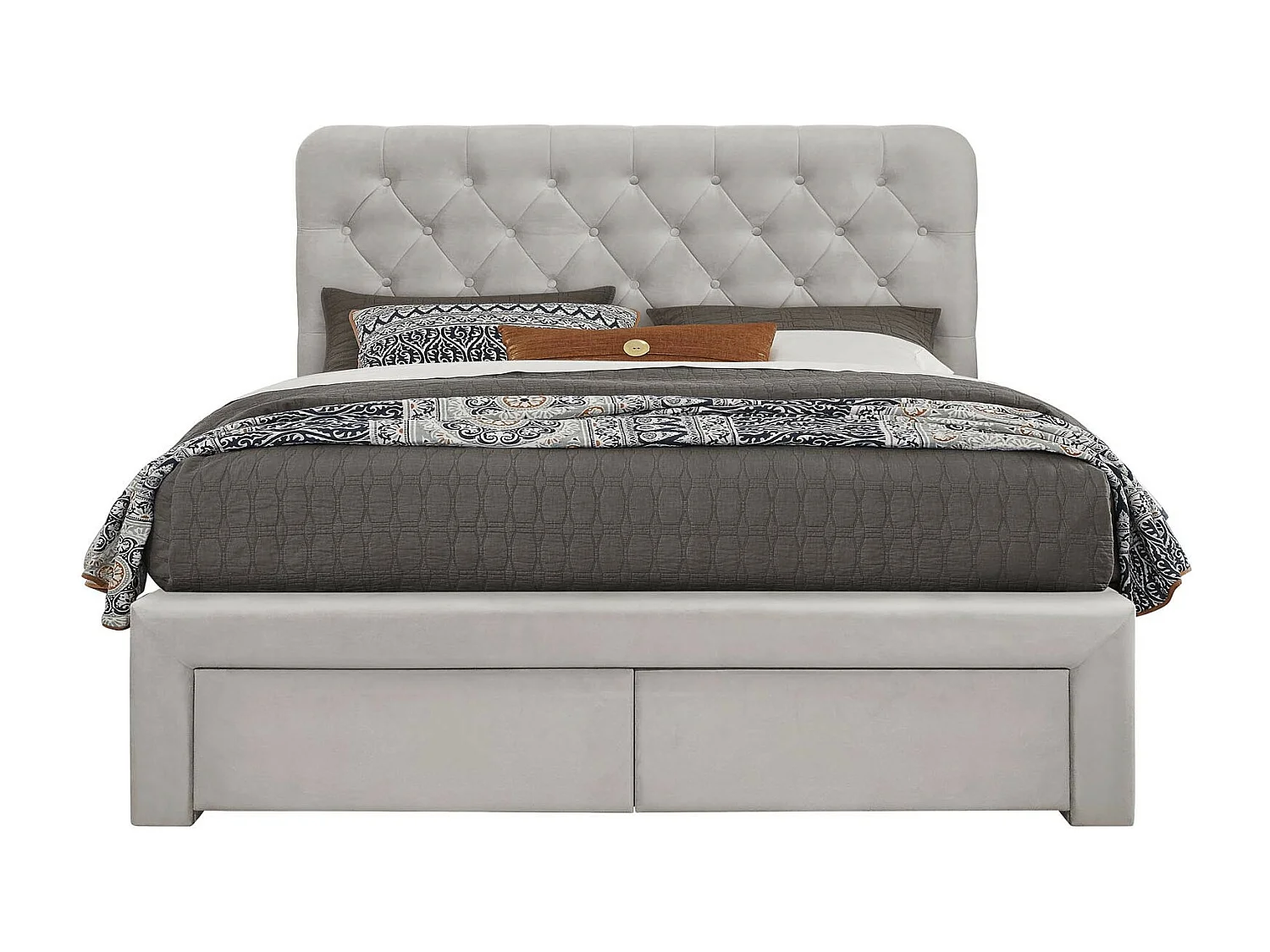 Lit en velours beige 160 x 200 avec tête de lit capitonnée et tiroirs Freesia