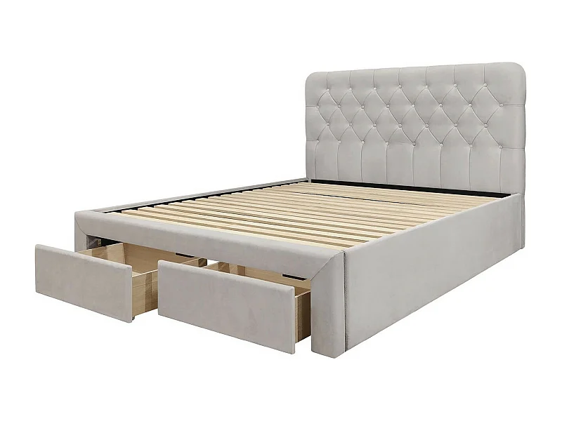 Lit en velours beige 160 x 200 avec tête de lit capitonnée et tiroirs Freesia