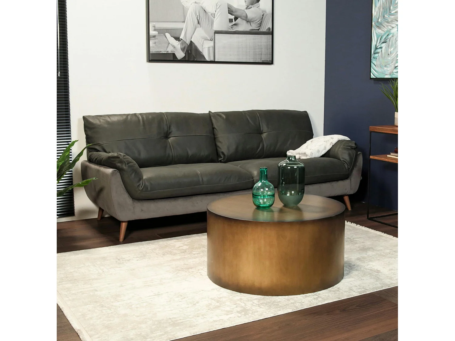 Canapé en cuir et velours gris 3 places NOTTINGHAM