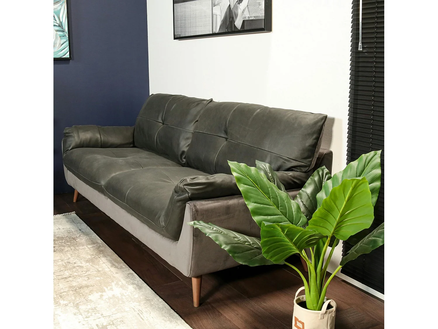 Canapé en cuir et velours gris 3 places NOTTINGHAM