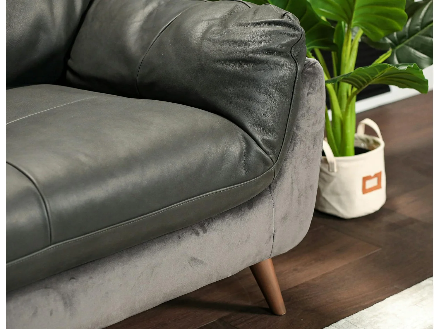 Canapé en cuir et velours gris 3 places NOTTINGHAM