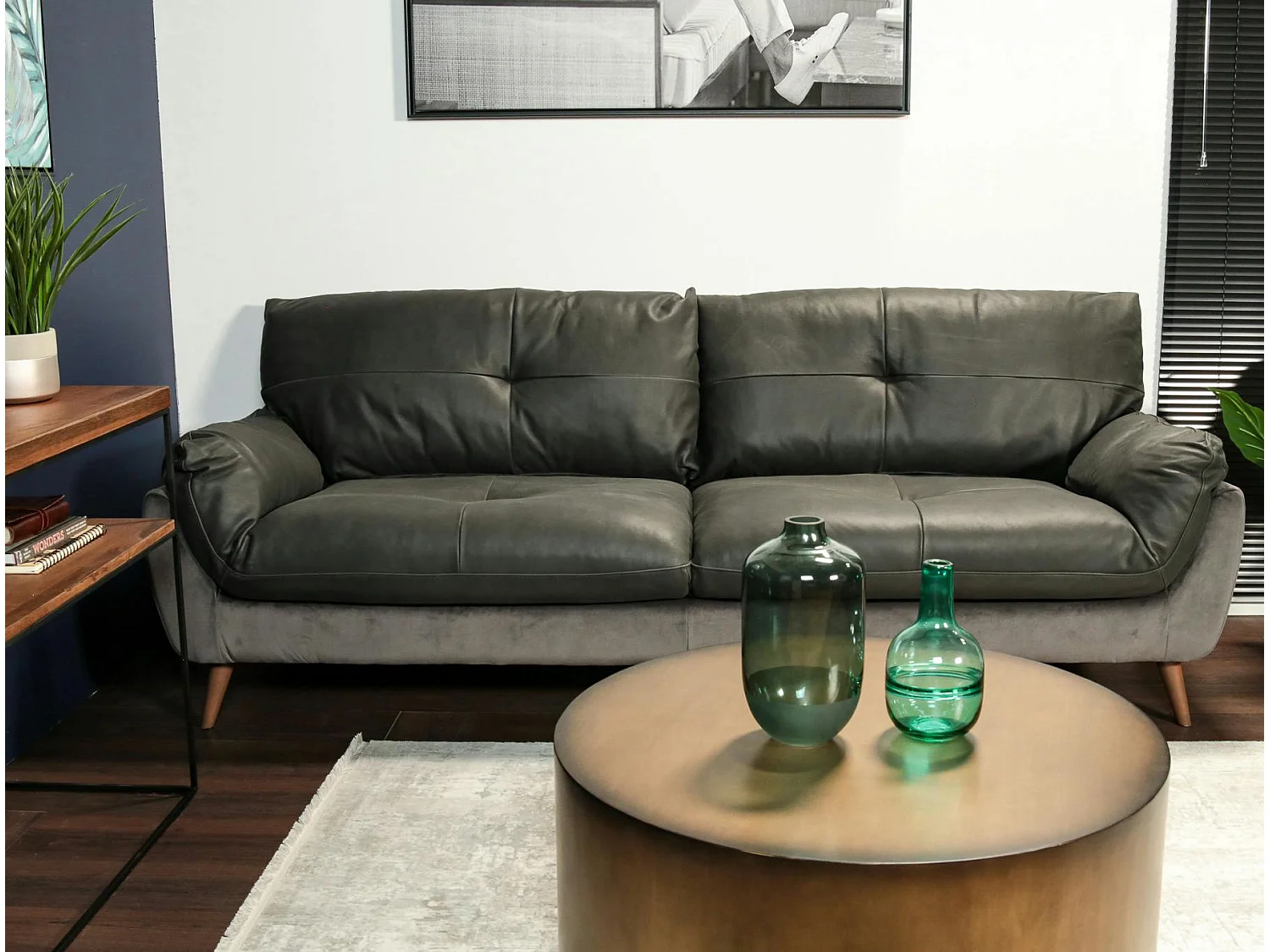 Canapé en cuir et velours gris 3 places NOTTINGHAM