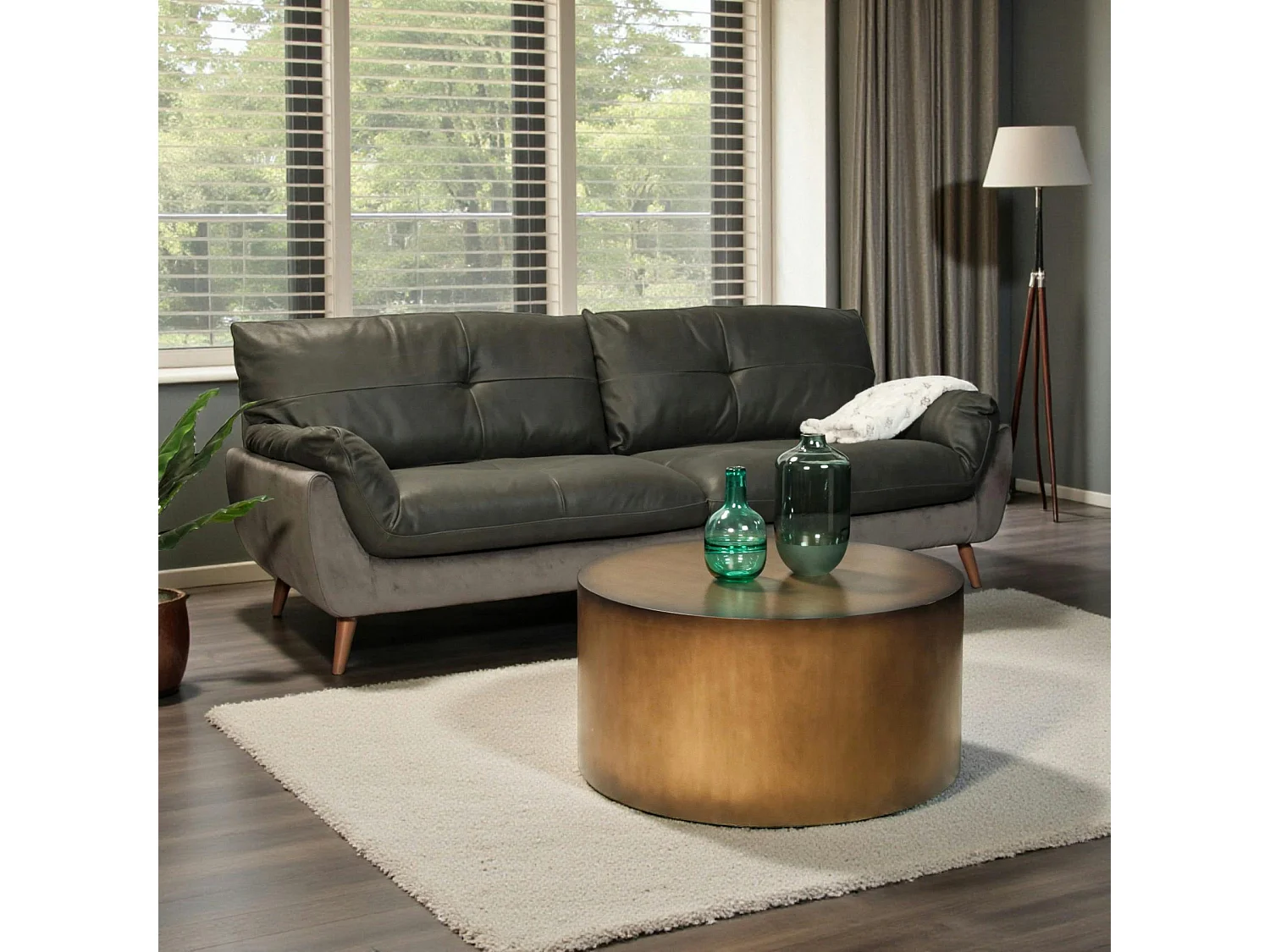 Canapé en cuir et velours gris 3 places NOTTINGHAM