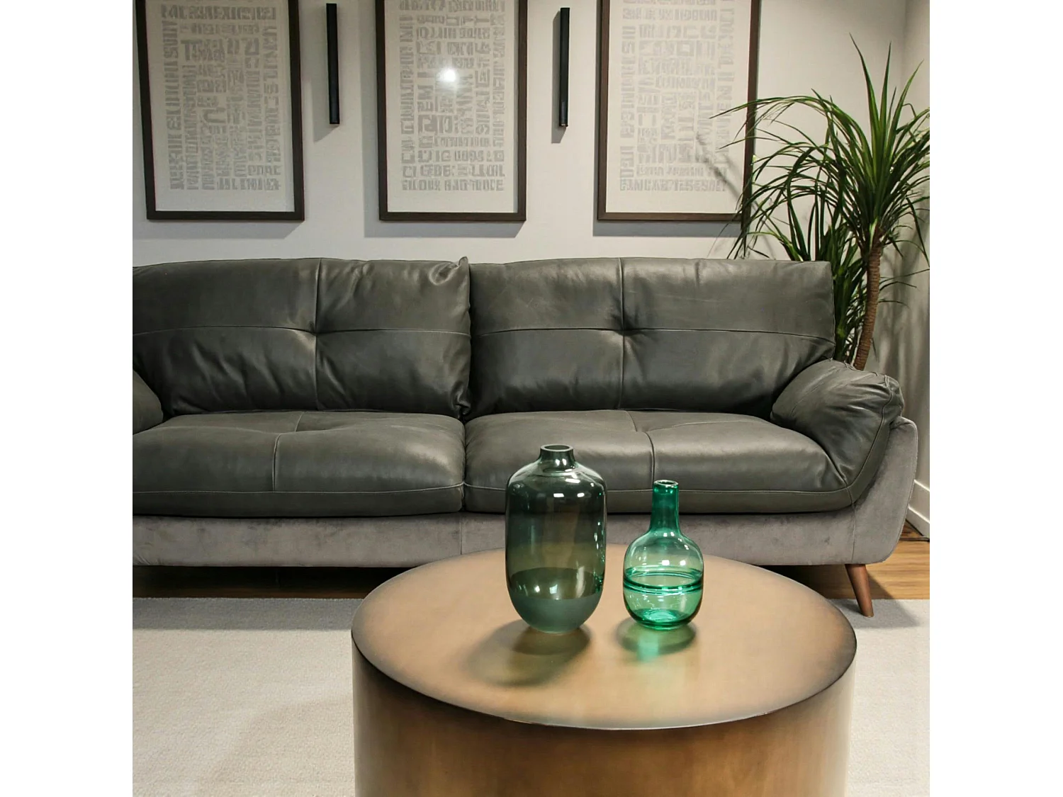 Canapé en cuir et velours gris 3 places NOTTINGHAM