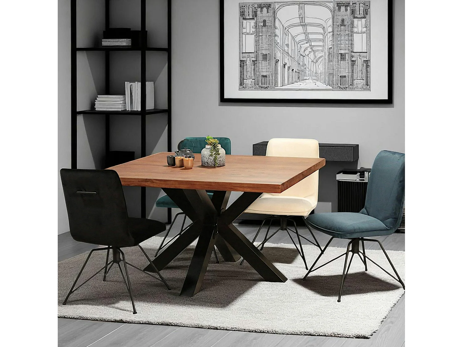 Table à manger carrée chêne métal pied croisé 130 cm OKA