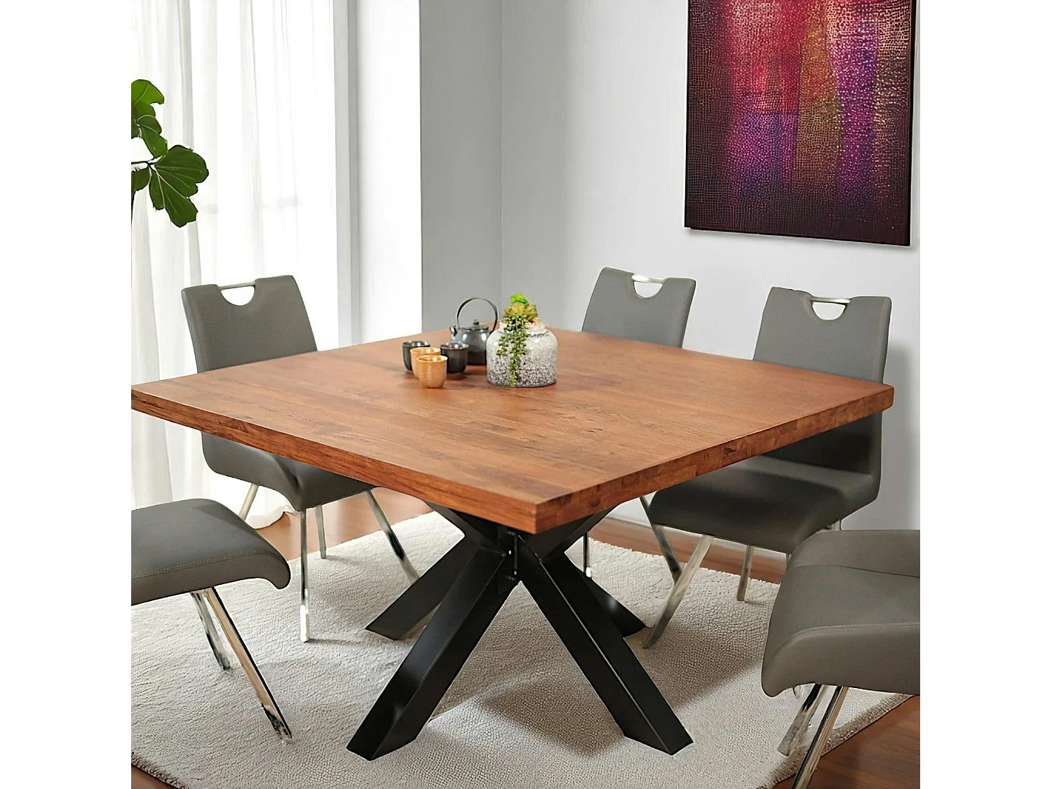 Table à manger carrée chêne métal pied croisé 130 cm OKA