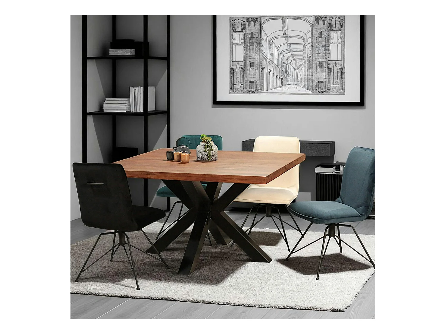 Table à manger carrée chêne métal pied croisé 130 cm OKA