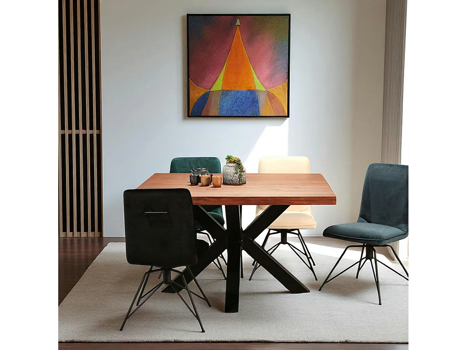 Table à manger carrée chêne métal pied croisé 130 cm OKA