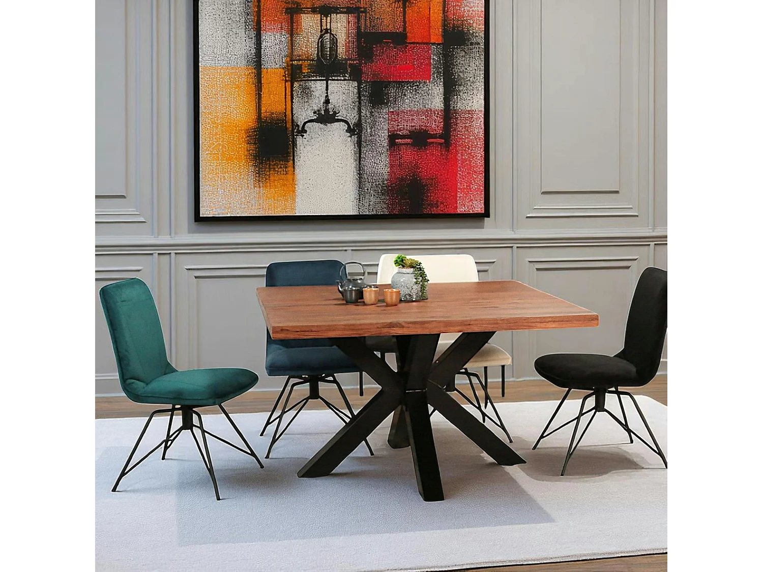 Table à manger carrée chêne métal pied croisé 130 cm OKA