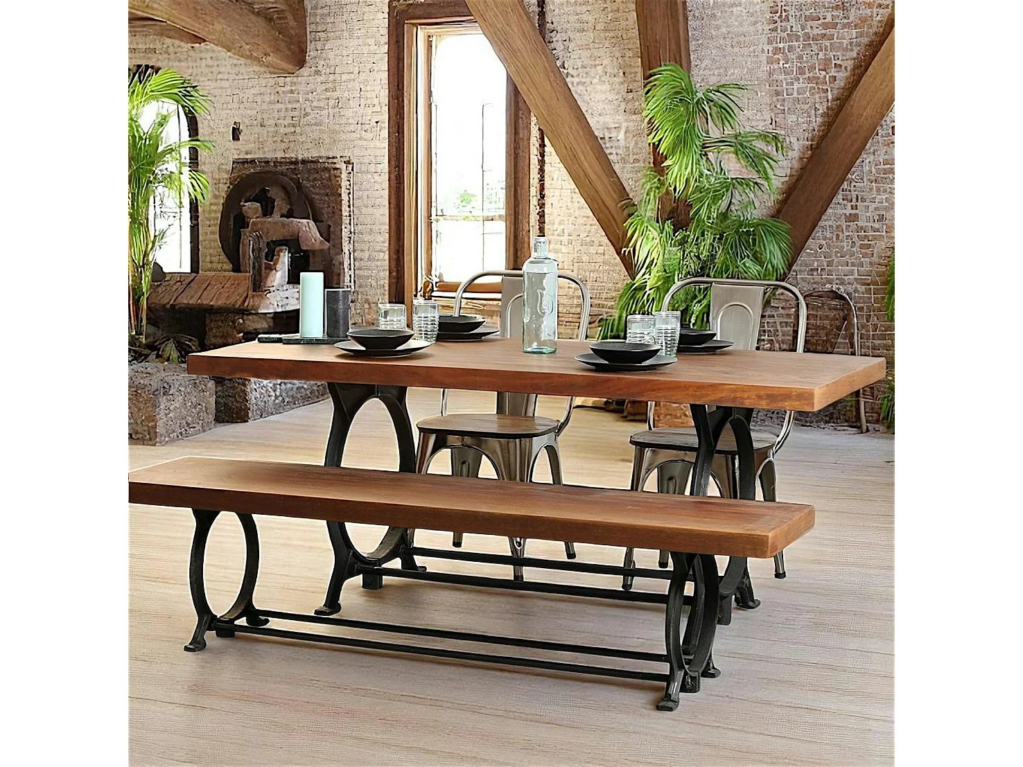 Table à manger industrielle vintage bois recyclé 180 cm LEEDS