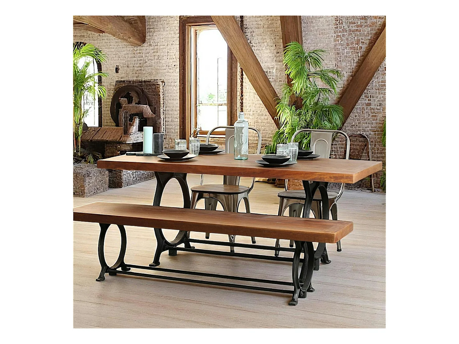 Table à manger industrielle vintage bois recyclé 180 cm LEEDS
