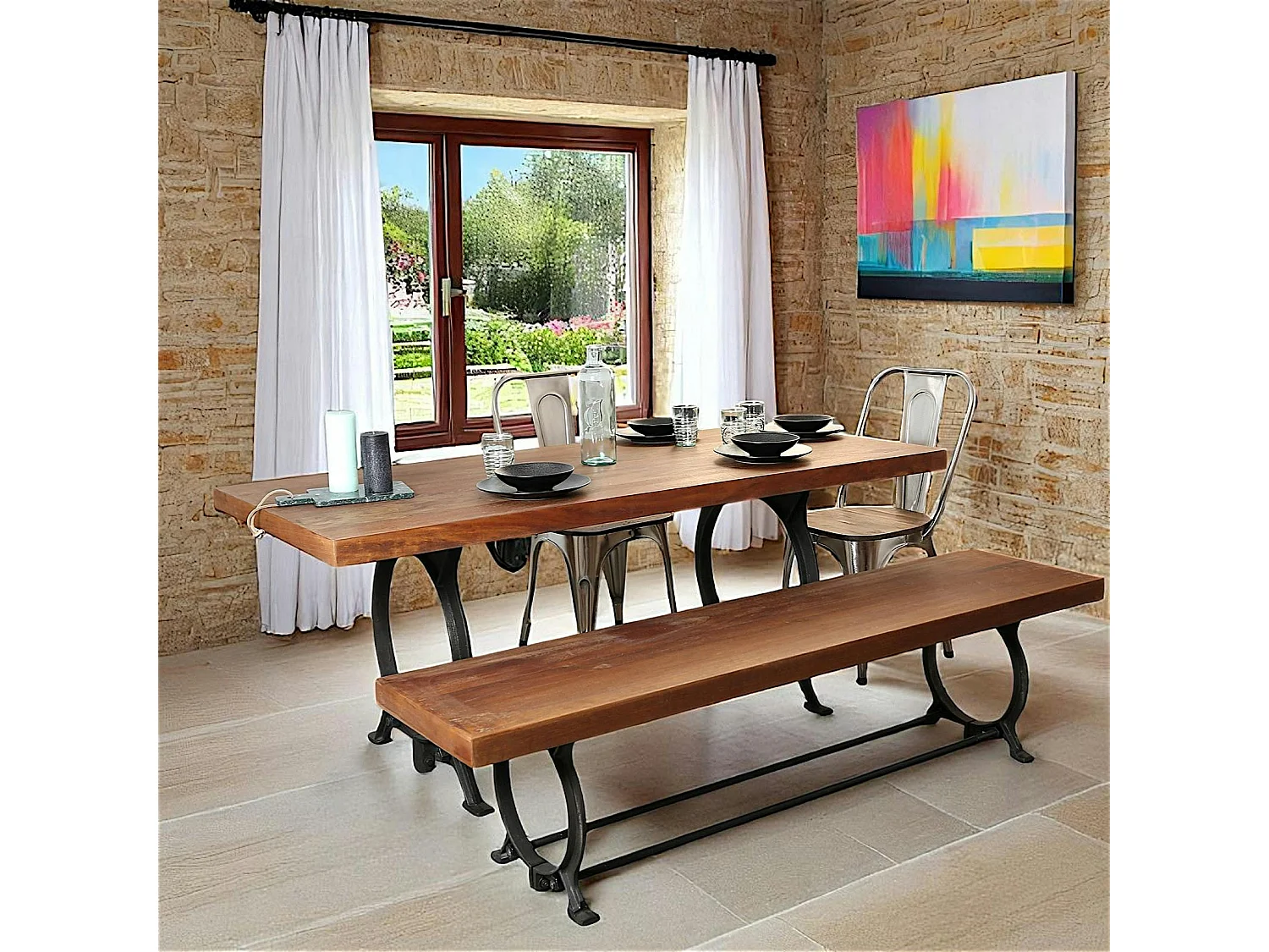 Table à manger industrielle vintage bois recyclé 180 cm LEEDS