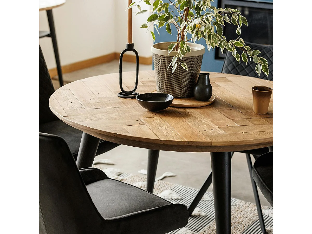 Table ronde en bois recyclé FSC motif chevron 120 cm FAGA