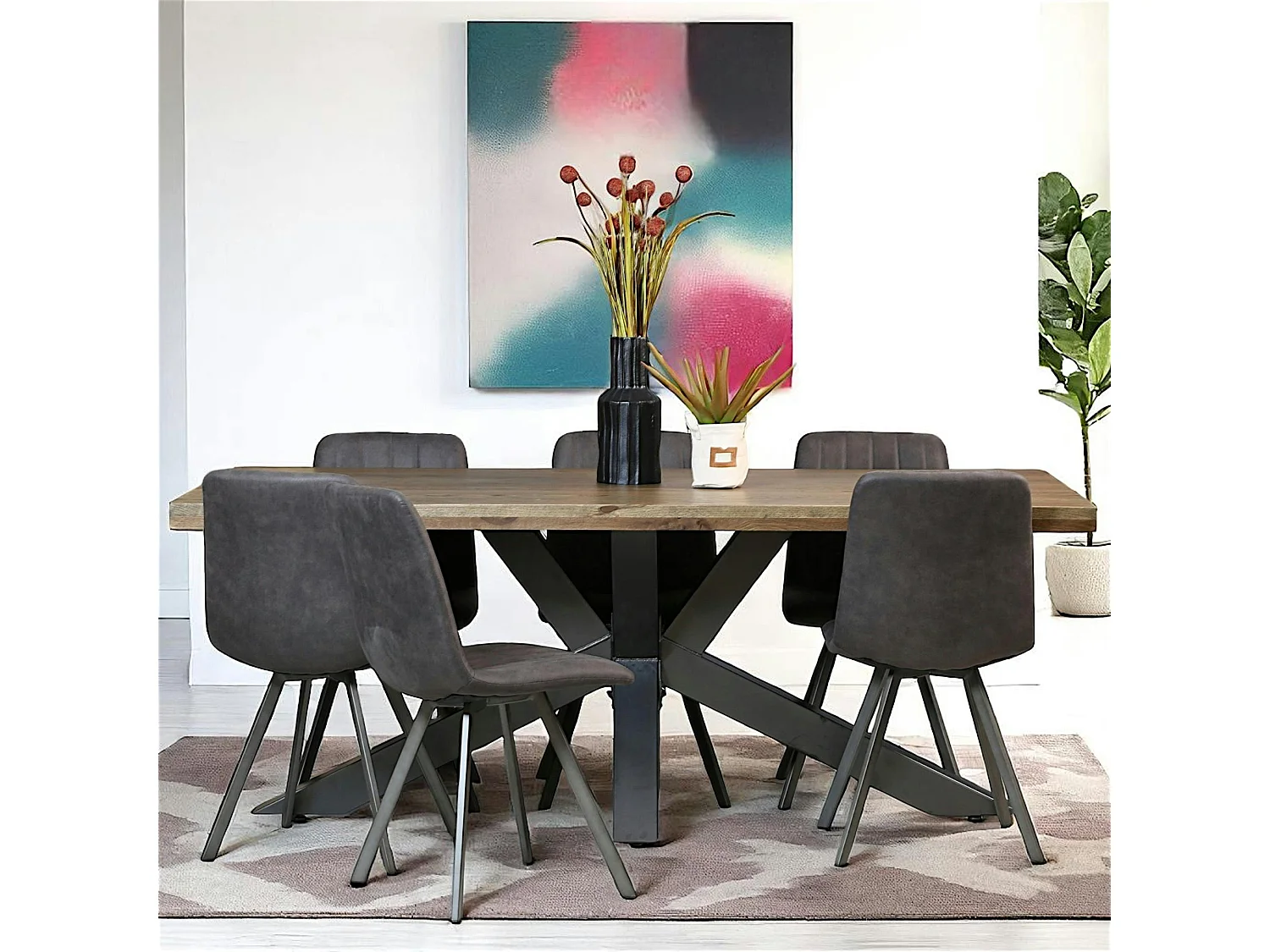 Table pied central bois de chêne et métal 200 cm HUDSON