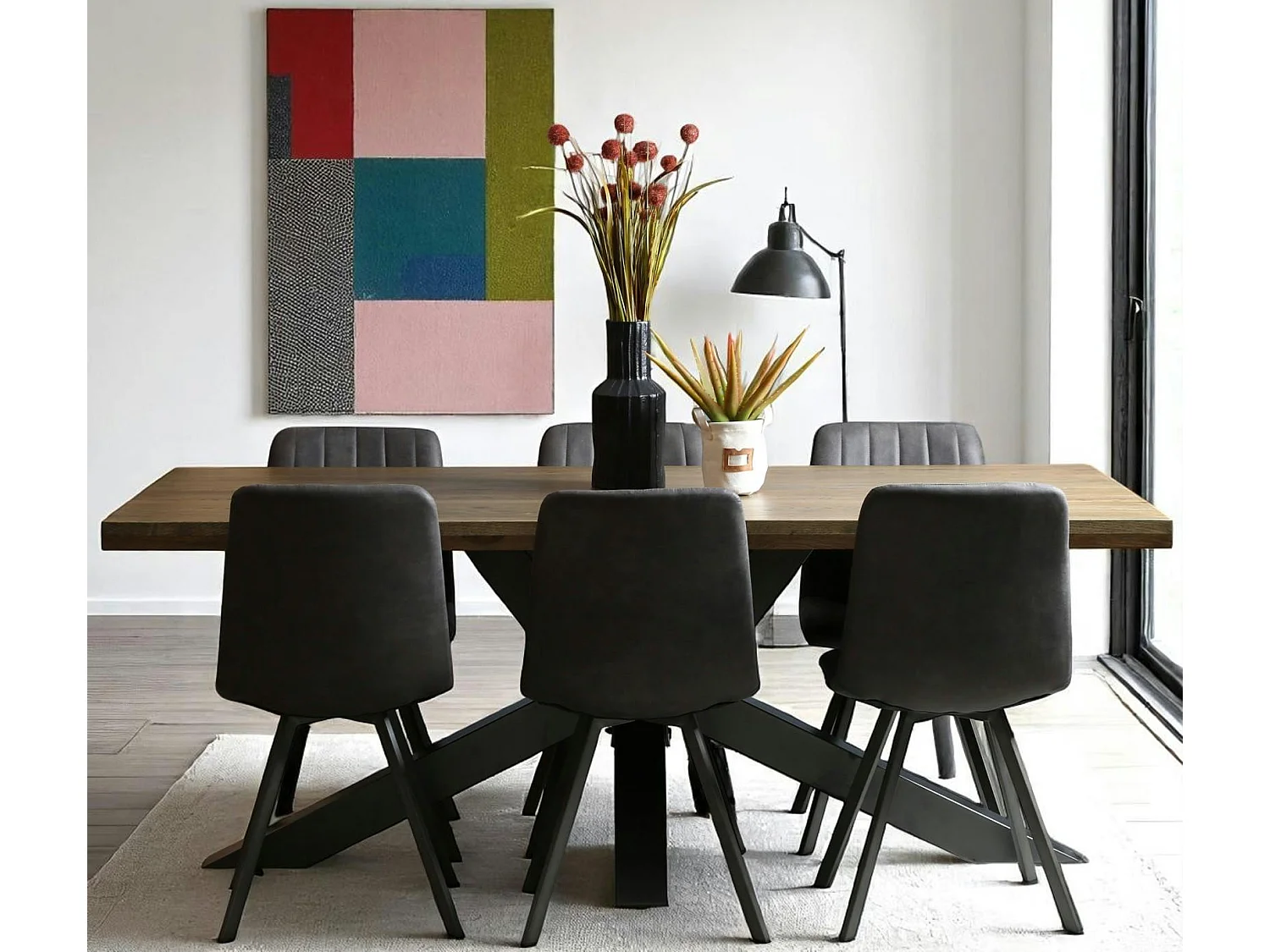 Table pied central bois de chêne et métal 200 cm HUDSON