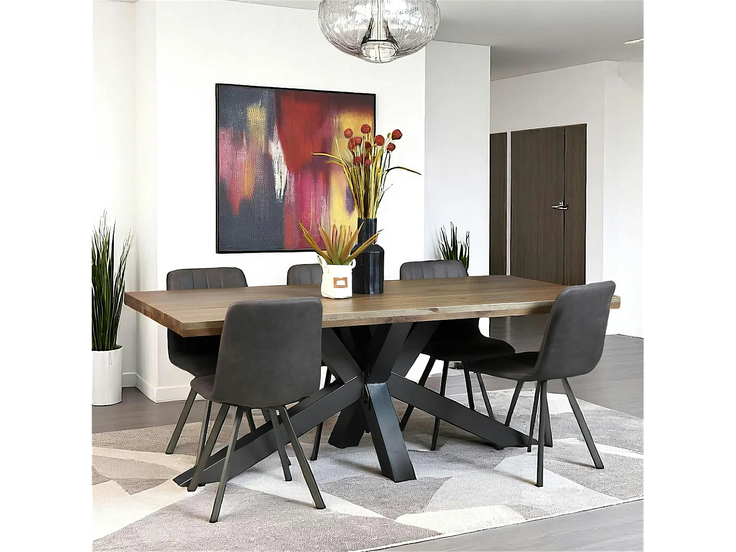 Table pied central bois de chêne et métal 200 cm HUDSON