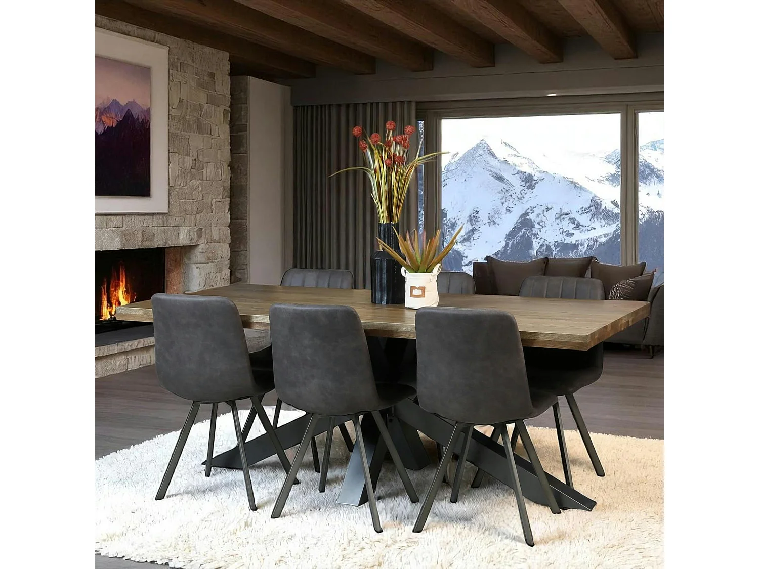 Table pied central bois de chêne et métal 200 cm HUDSON