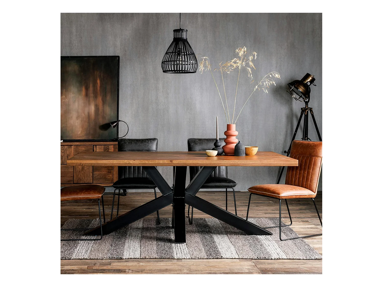 Table salle à manger bois métal pied croisé 200 cm OKA