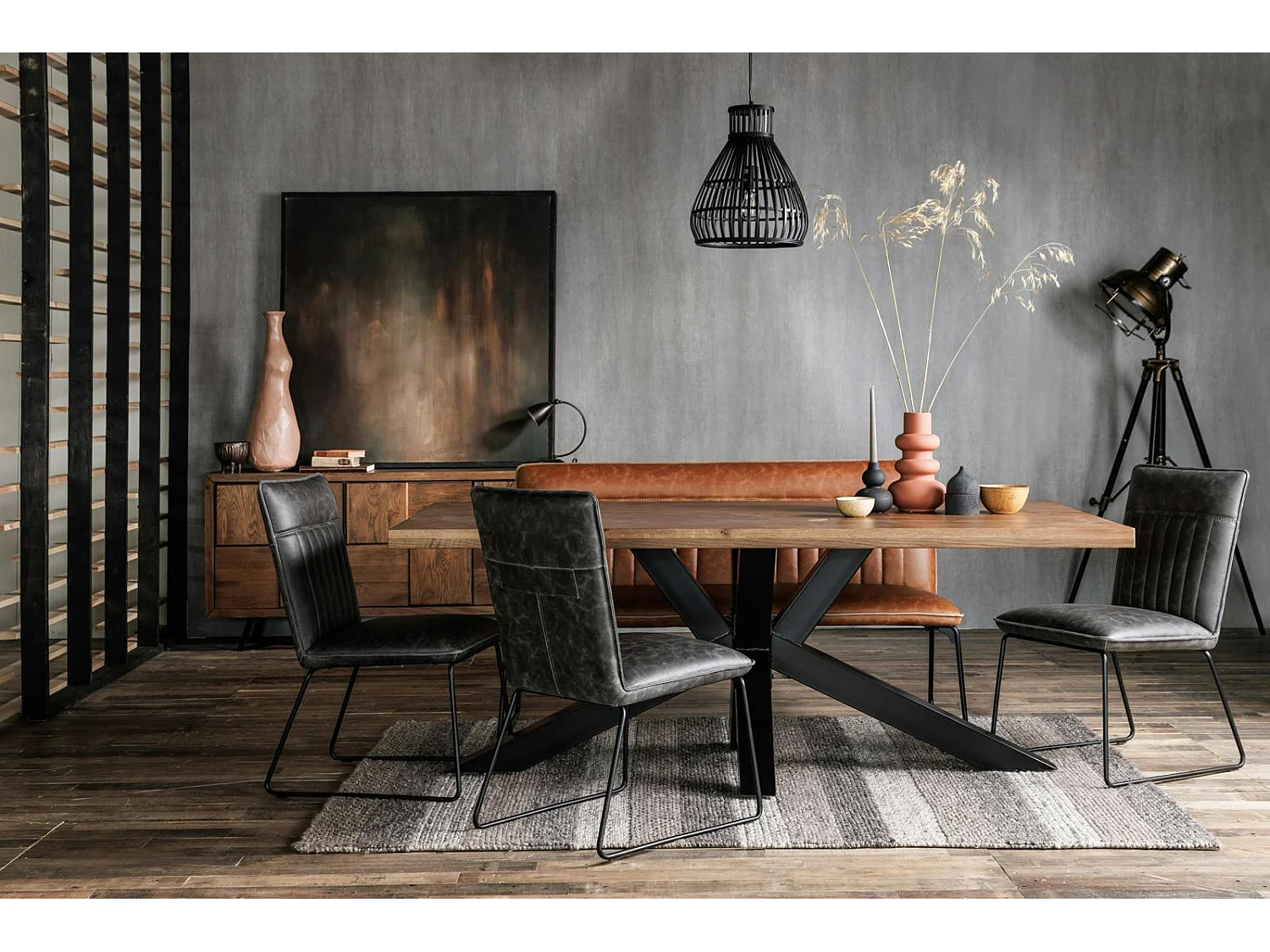 Table salle à manger bois métal pied croisé 200 cm OKA