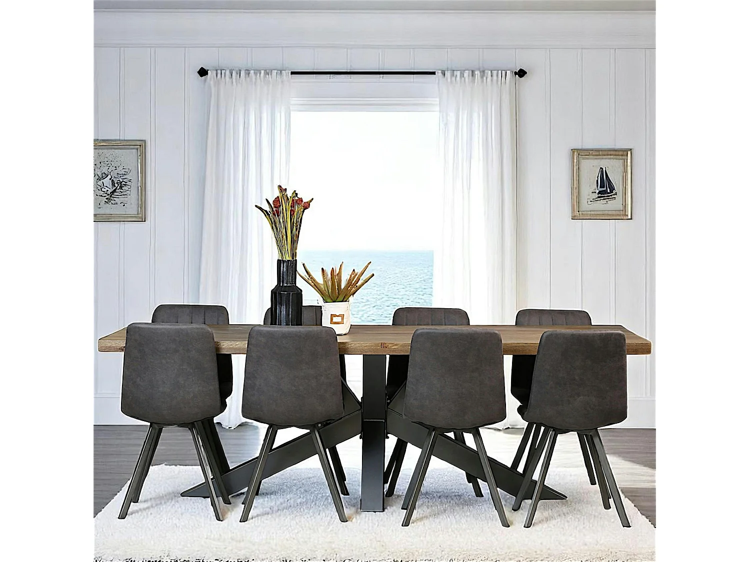 Table pied central bois de chêne et métal 240 cm HUDSON