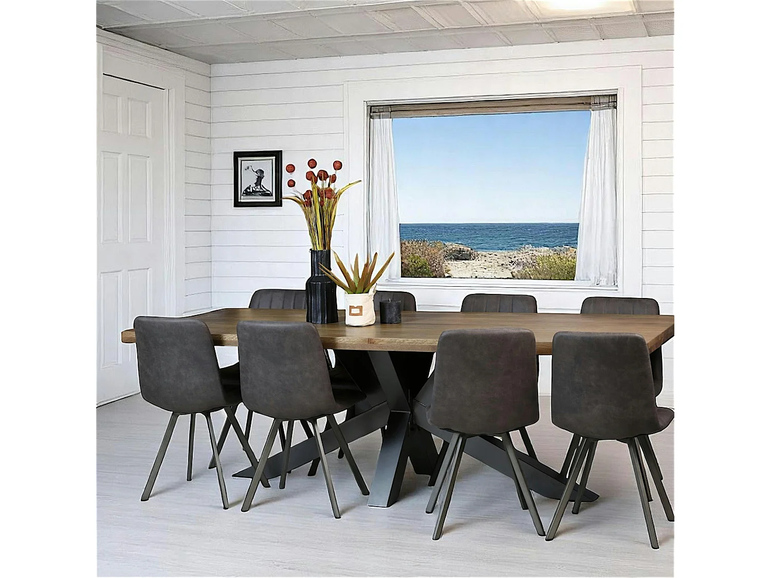 Table pied central bois de chêne et métal 240 cm HUDSON