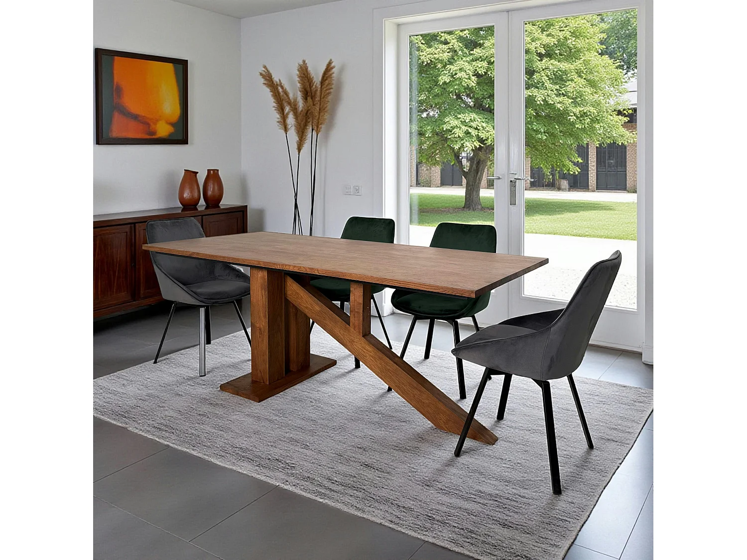 Table à manger moderne piètement oblique chêne massif 200 cm OKA