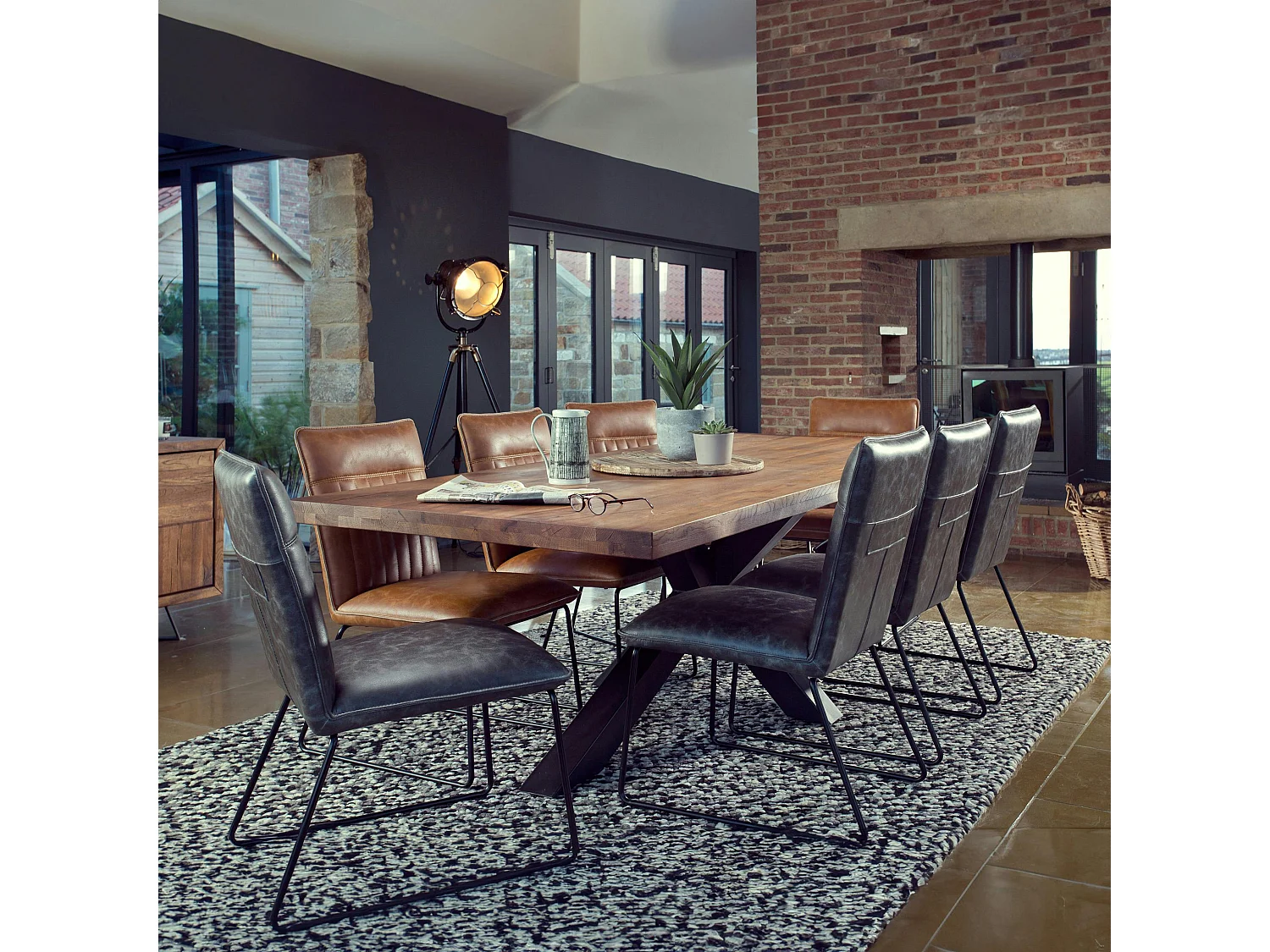 Table salle à manger bois métal pied croisé 240 cm OKA