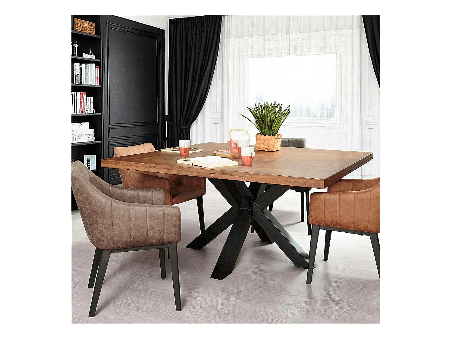 Table à manger carrée chêne métal pied croisé 150 cm OKA