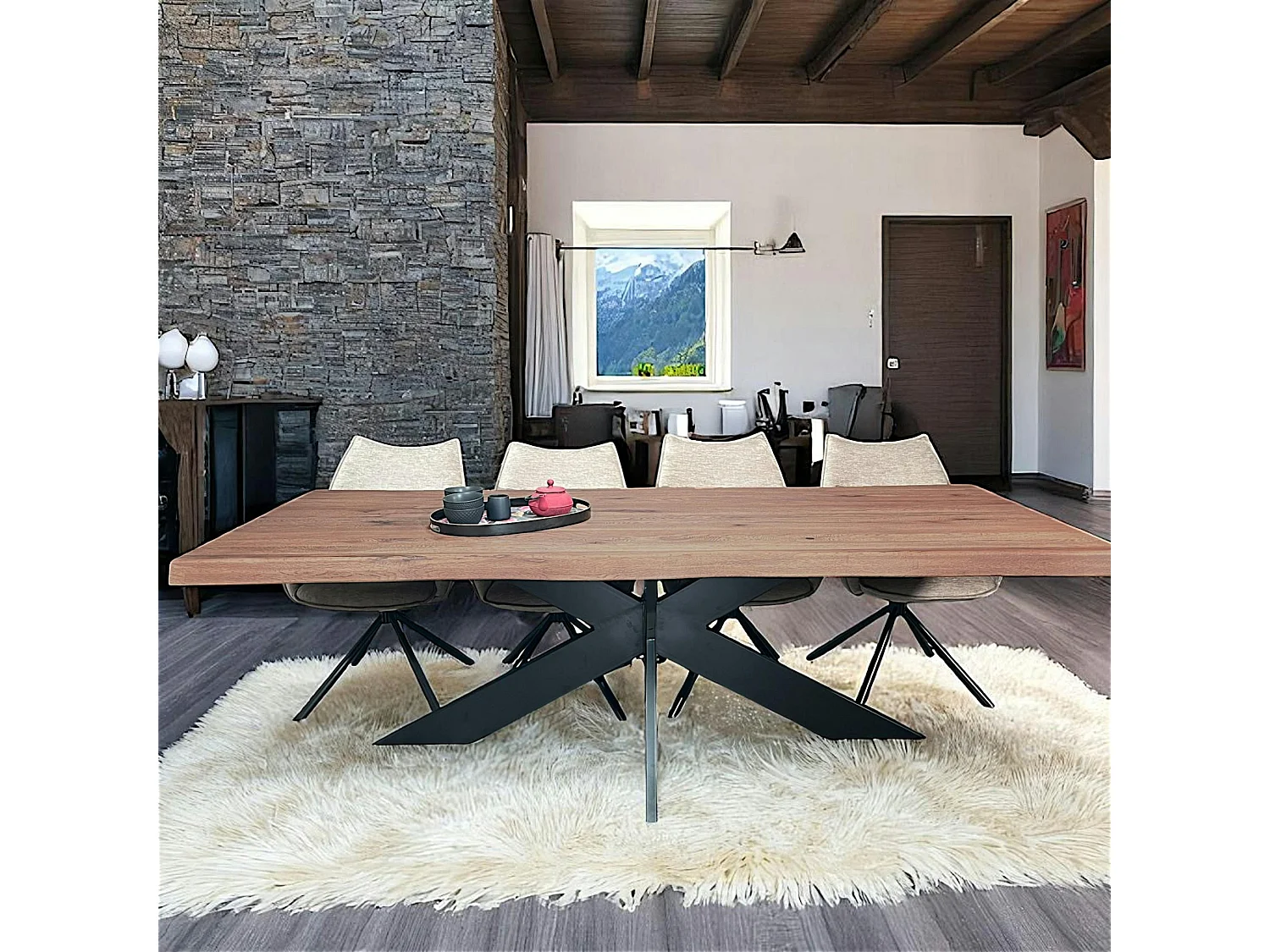 Table pied central en chêne brun avec bords naturels 240 cm PALERME