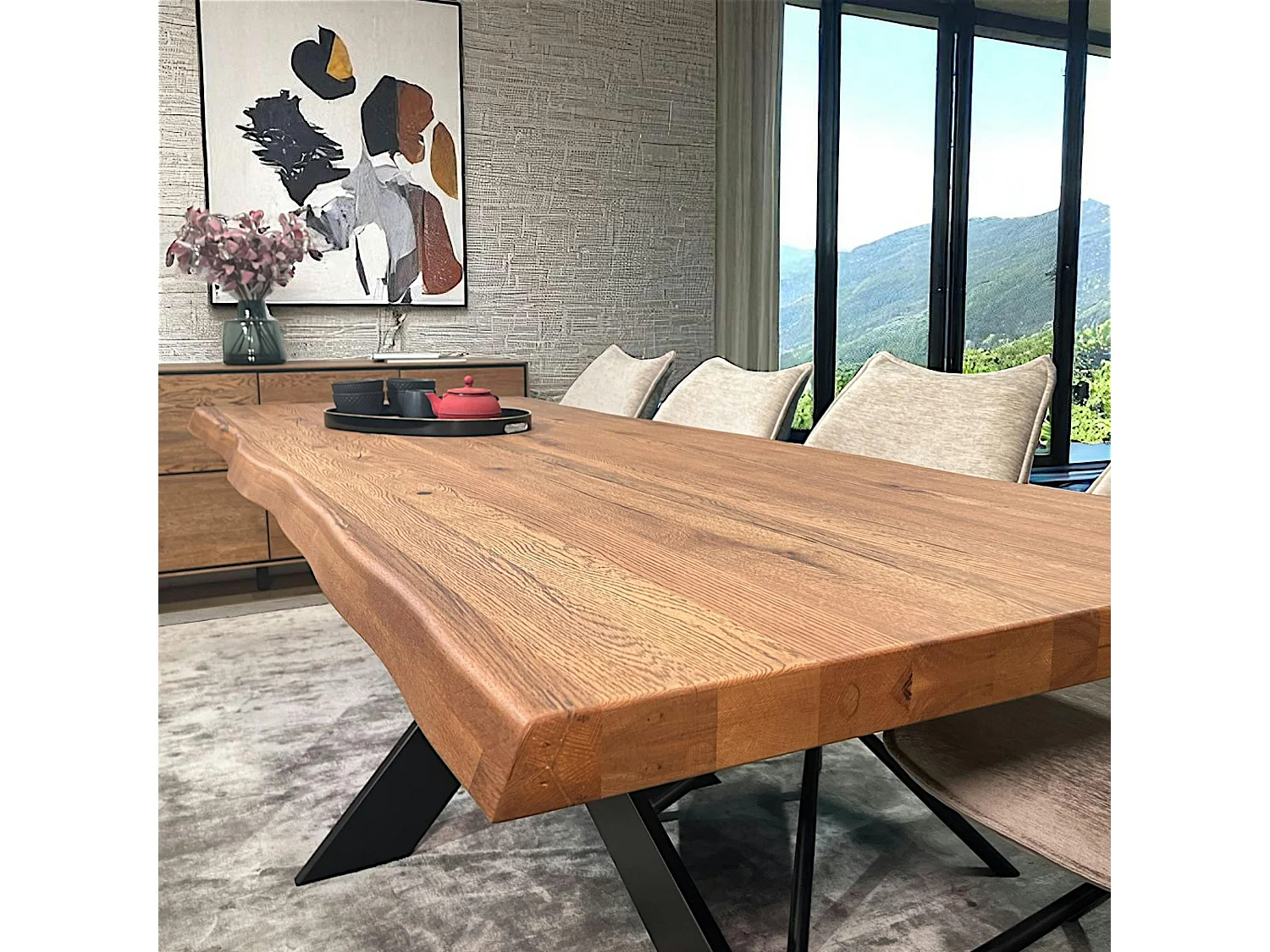 Table pied central en chêne brun avec bords naturels 240 cm PALERME