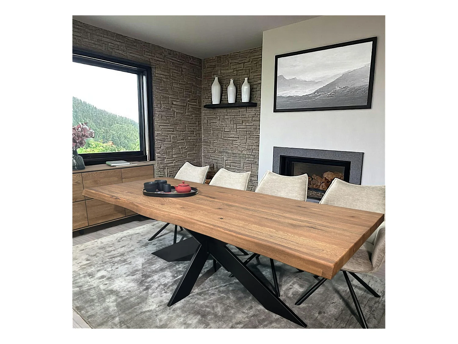 Table pied central en chêne brun avec bords naturels 240 cm PALERME