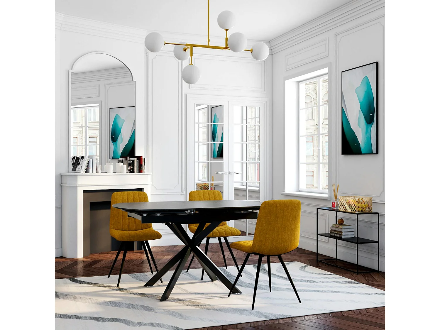 Table extensible céramique marbrée noire pied mikado 140-200 cm OTTAWA