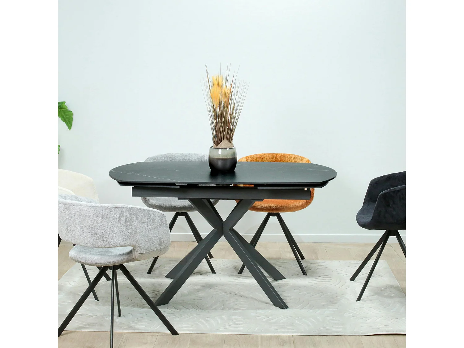 Table extensible céramique marbrée noire pied mikado 140-200 cm OTTAWA