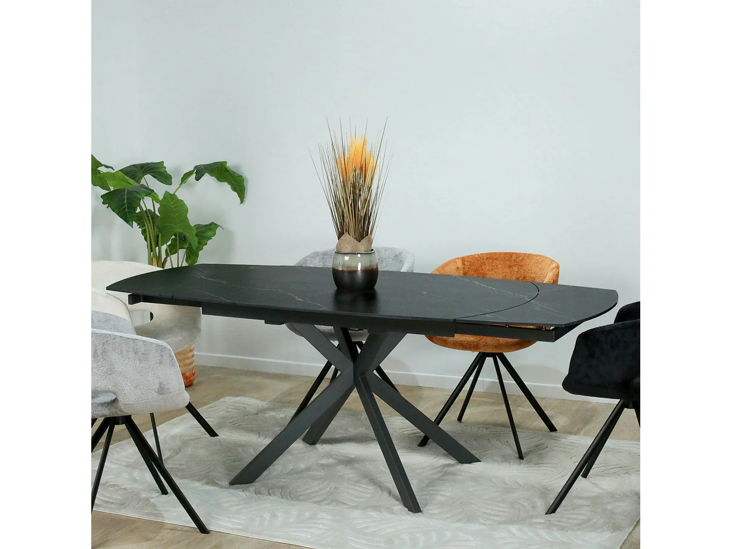 Table extensible céramique marbrée noire pied mikado 140-200 cm OTTAWA