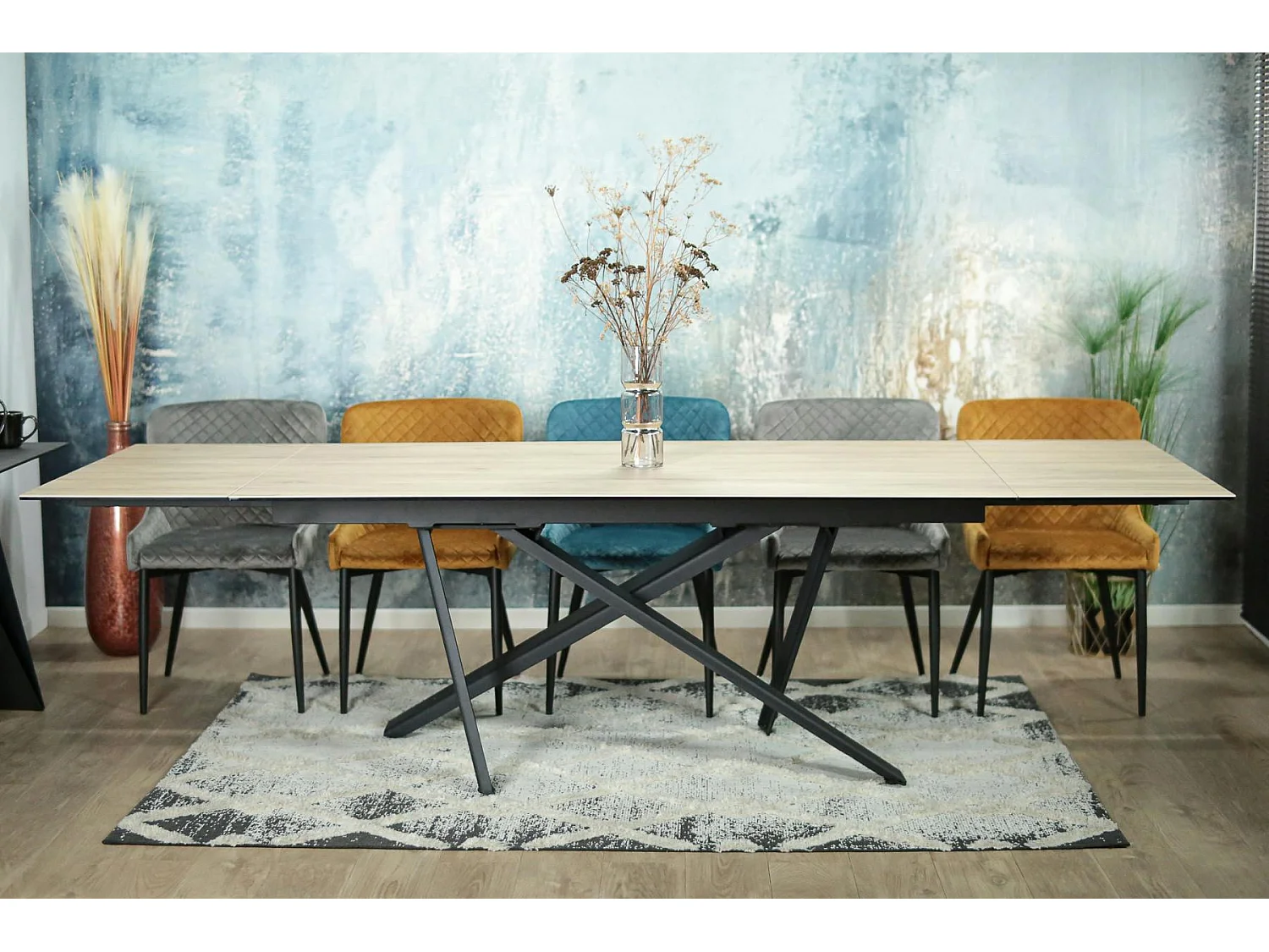 Table en céramique extensible aspect bois pied croisé 180-280 cm LOMBARDIE