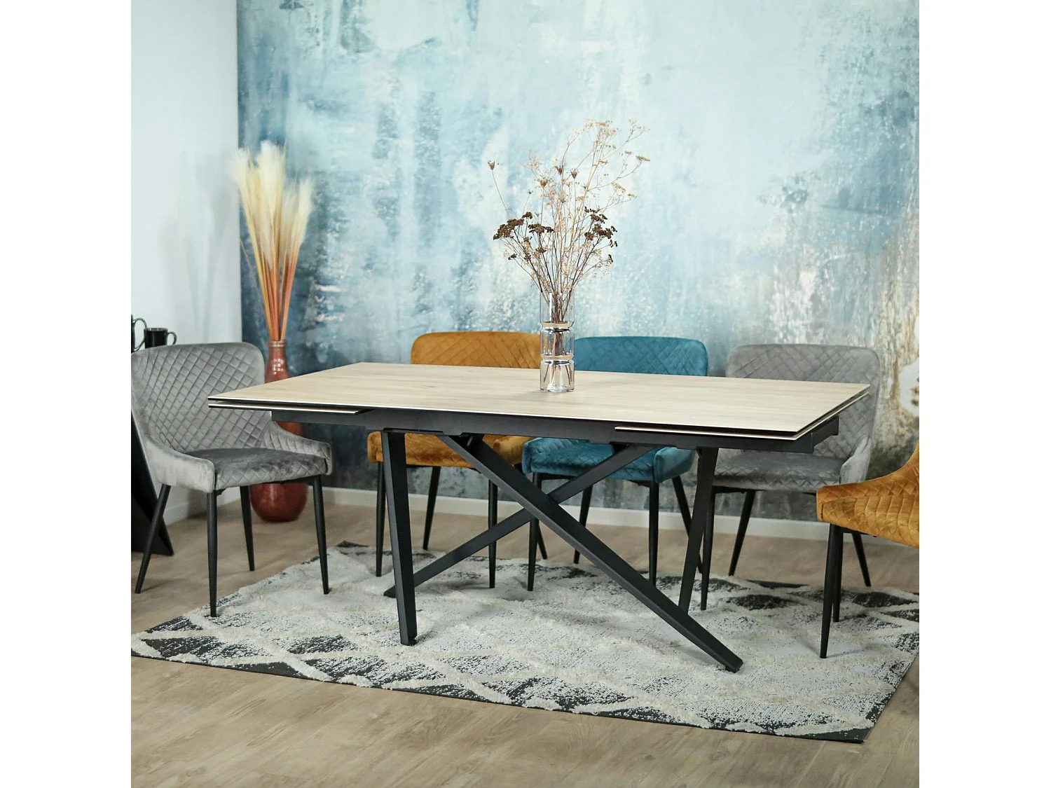 Table en céramique extensible aspect bois pied croisé 180-280 cm LOMBARDIE