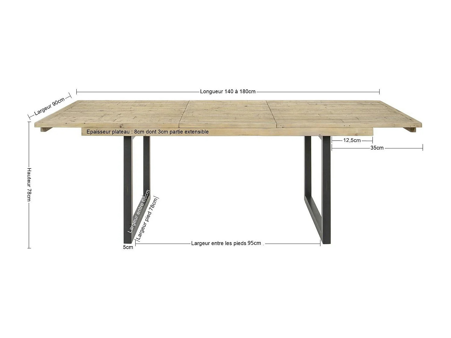 Table de salle à manger extensible en bois recyclé 140-180 cm AUCKLAND