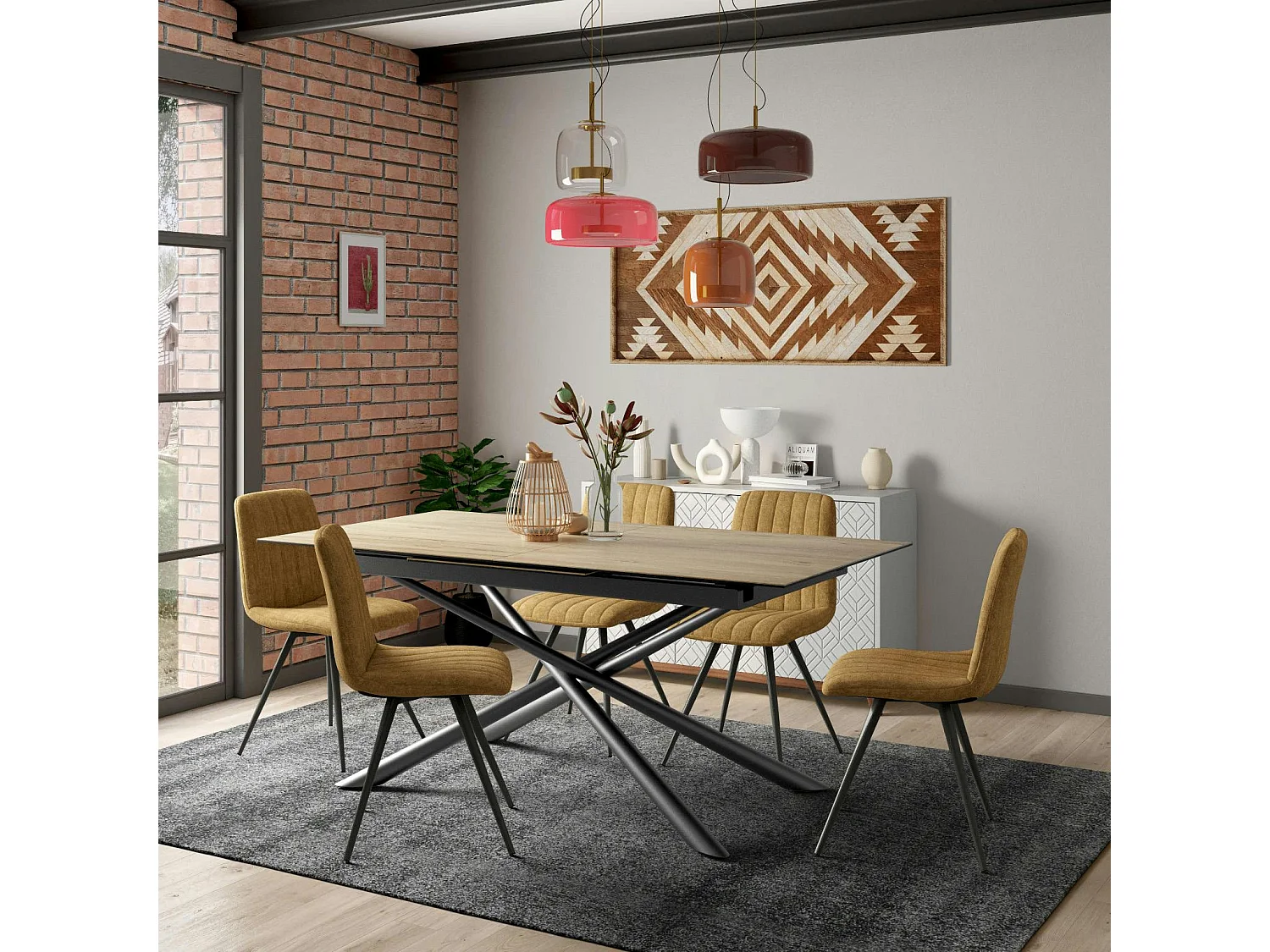 Table en céramique extensible aspect bois pied mikado 180-240 cm LOMBARDIE