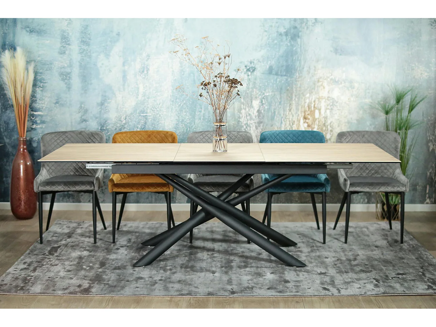 Table en céramique extensible aspect bois pied mikado 180-240 cm LOMBARDIE