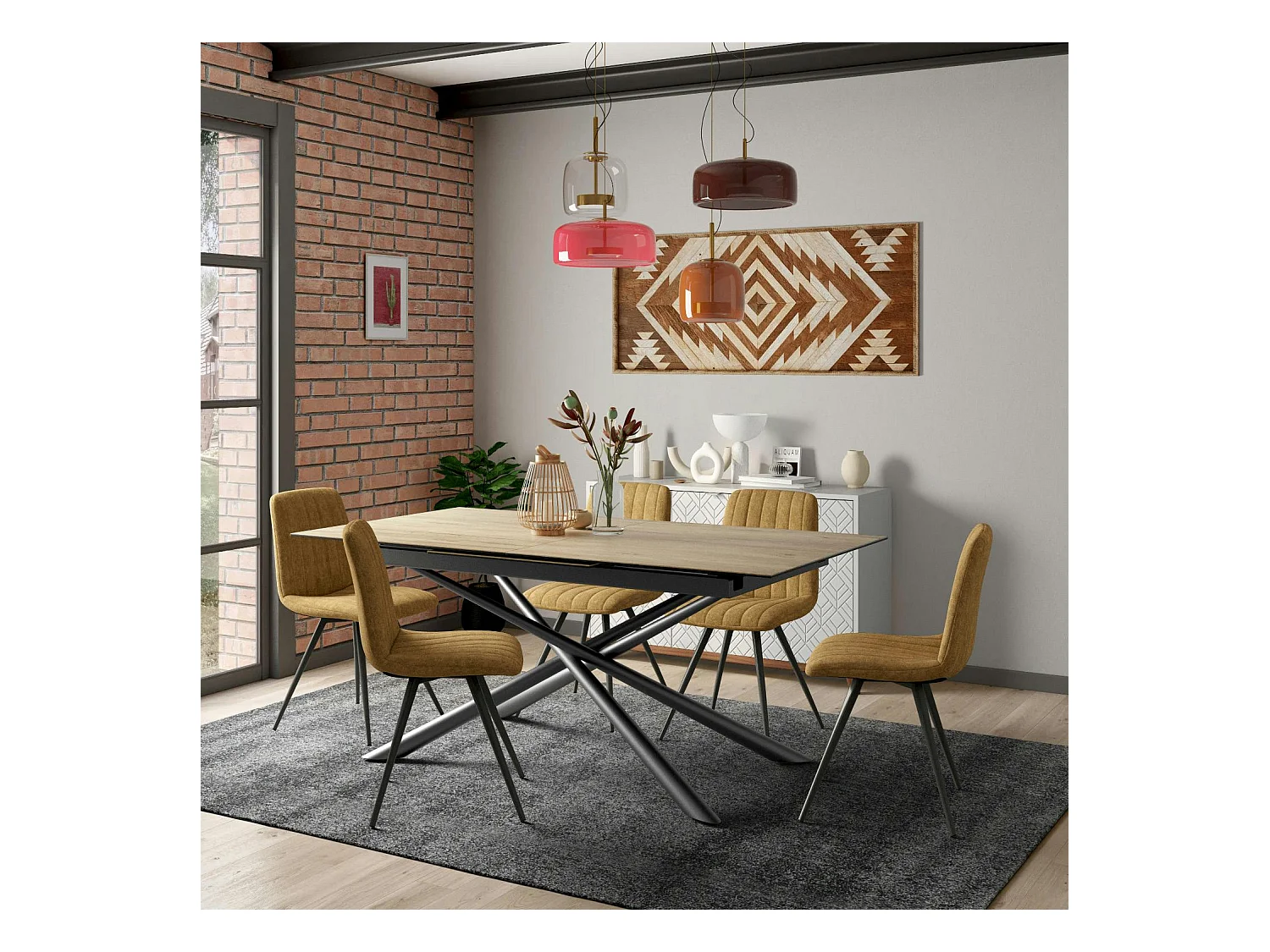 Table en céramique extensible aspect bois pied mikado 180-240 cm LOMBARDIE