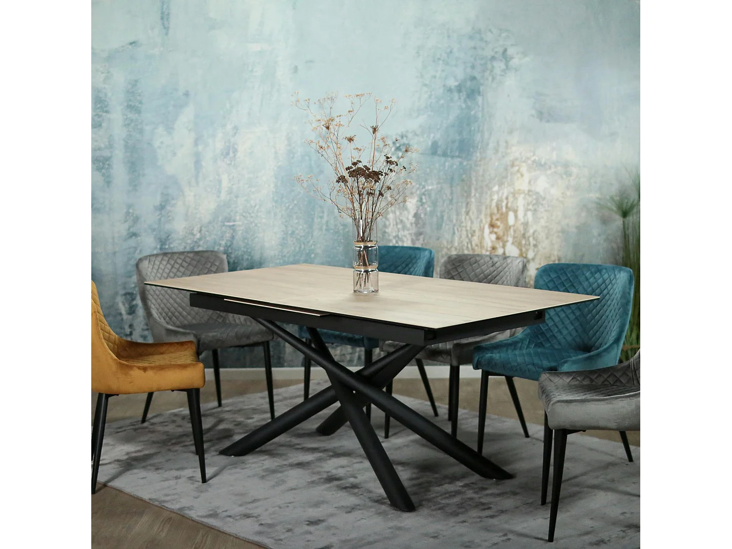 Table en céramique extensible aspect bois pied mikado 180-240 cm LOMBARDIE