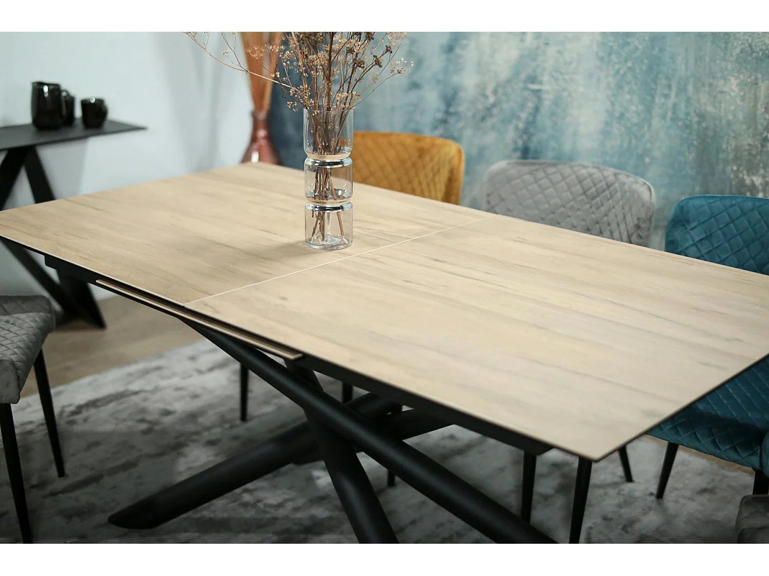 Table en céramique extensible aspect bois pied mikado 180-240 cm LOMBARDIE