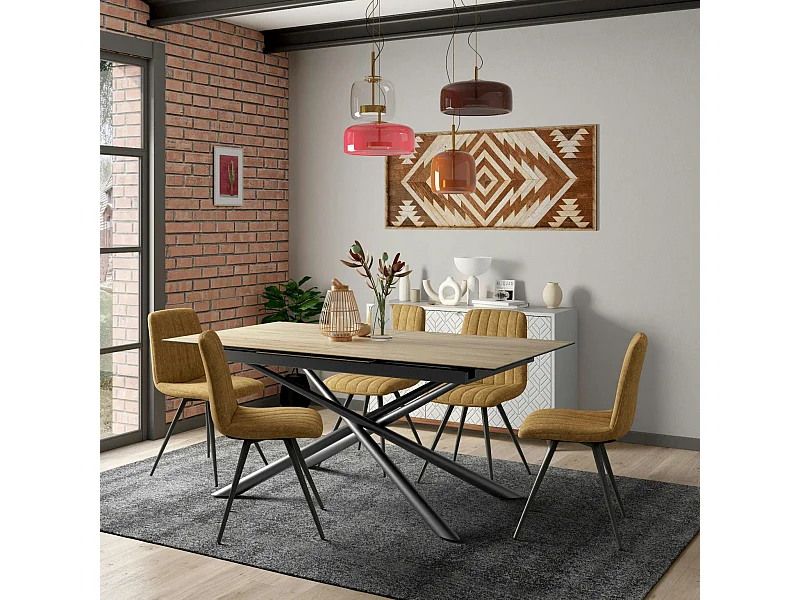 Table en céramique extensible aspect bois pied mikado 180-240 cm LOMBARDIE