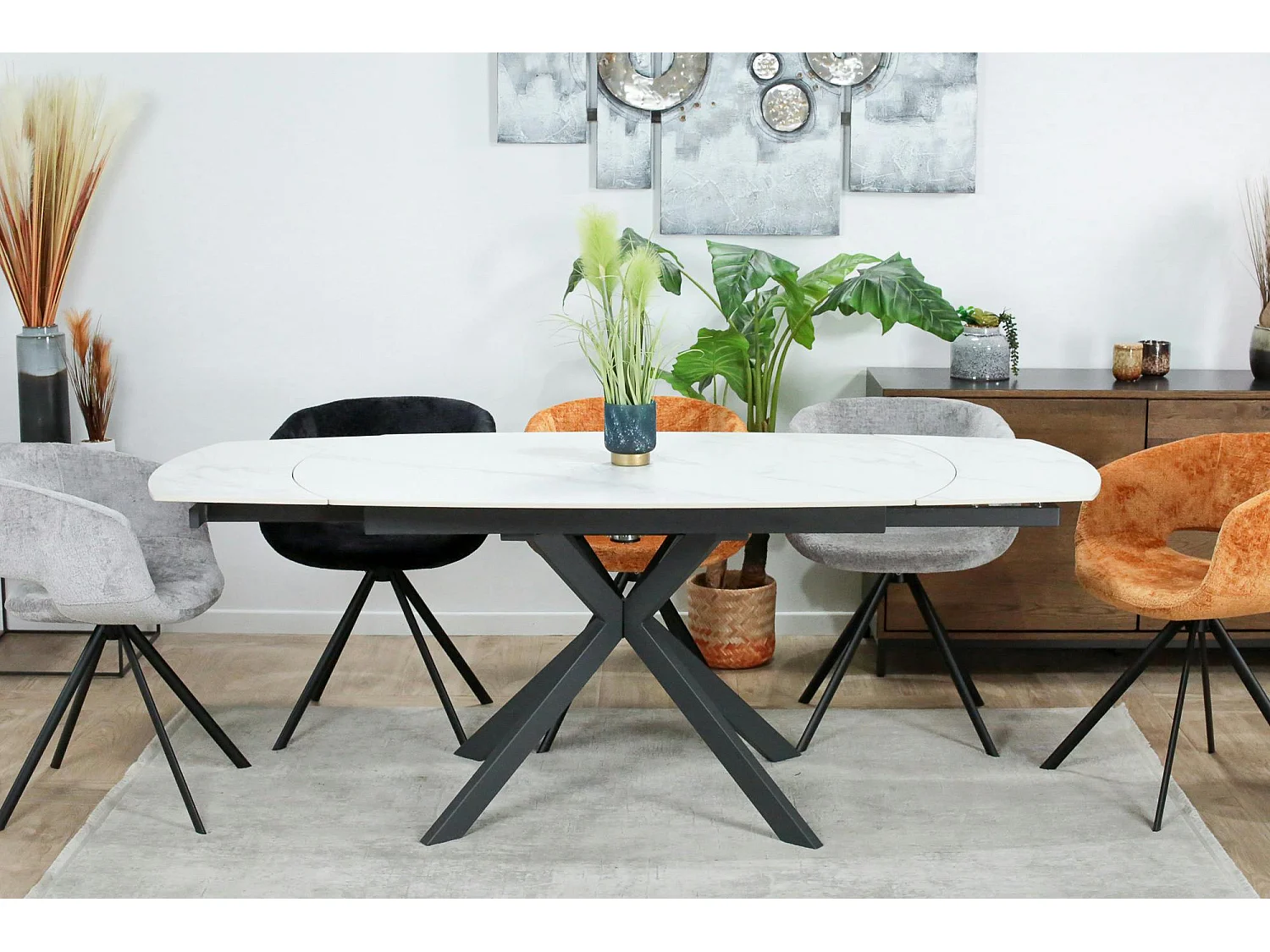 Table extensible céramique marbrée blanche pied mikado 140-200 cm OTTAWA