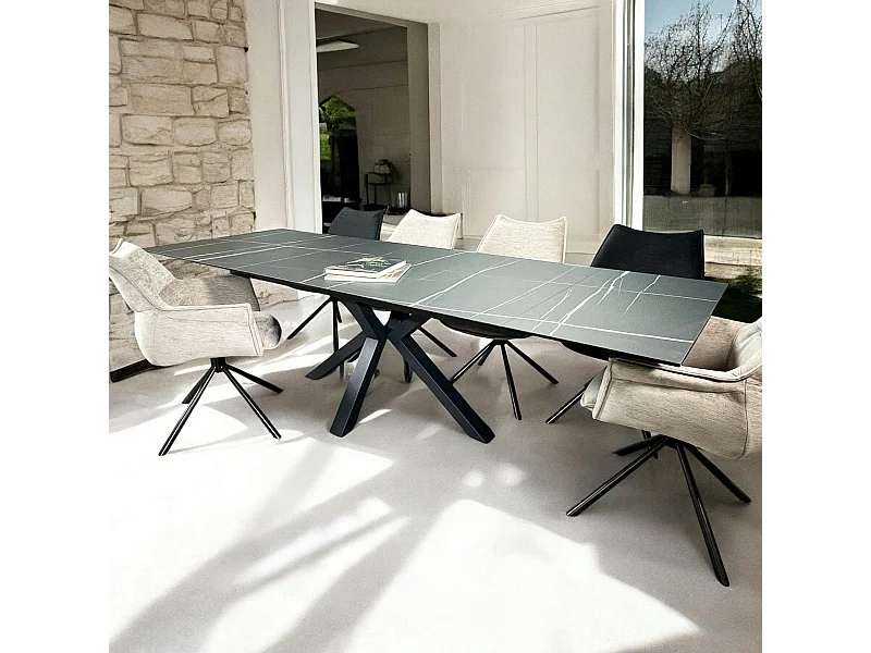 Table en céramique extensible pied étoile effet marbre noir 180-280 cm LOMBARDIE